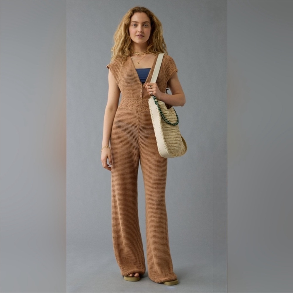 American Eagle Crotchet Knit Cream Tan Wide Leg Jumpsuit Swim Cover Up size 2